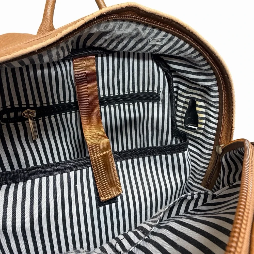 Miss Fong Brown Faux Leather Backpack Diaper Bag Multi‎ Pocket Striped Lining